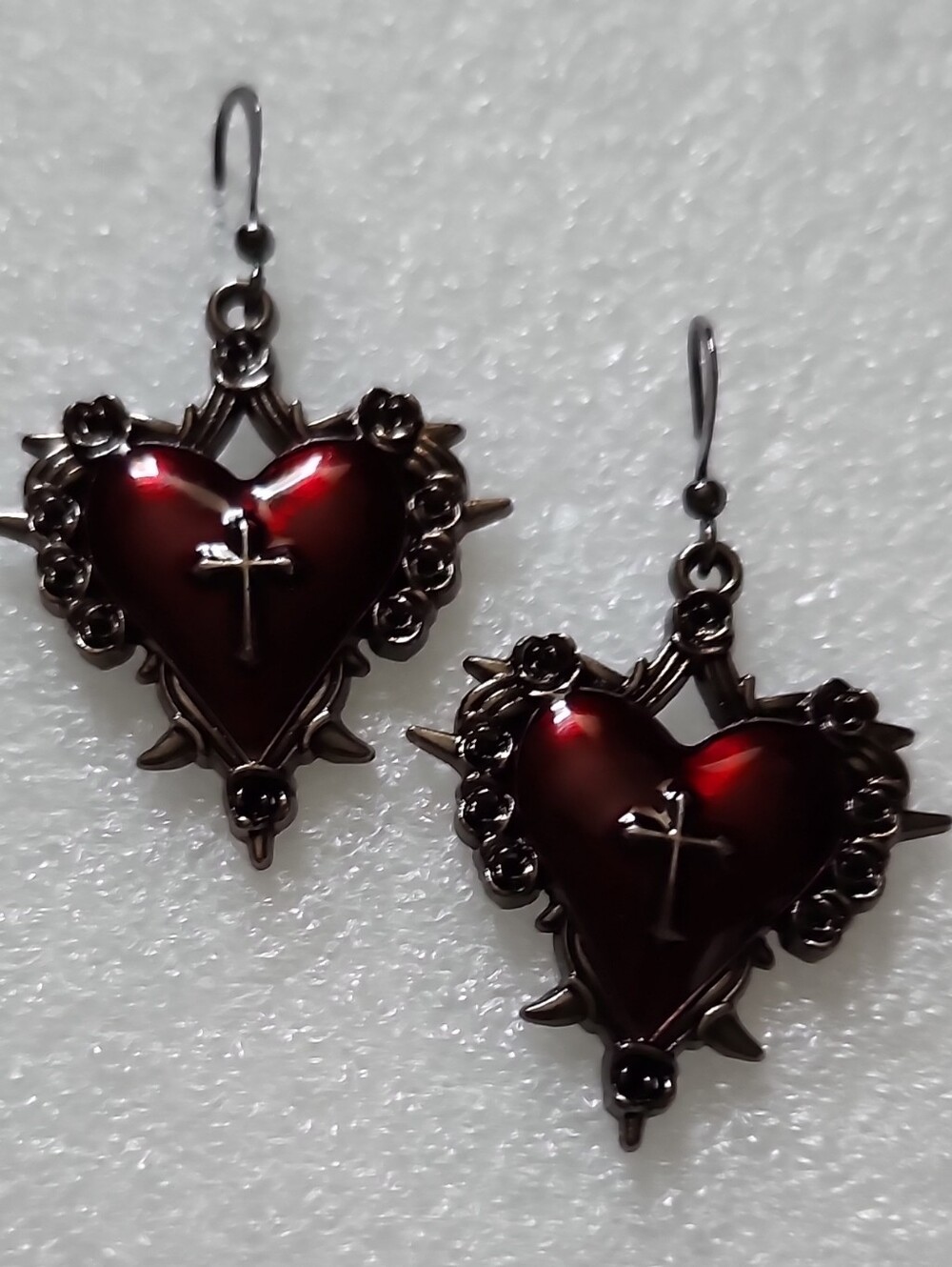 Hand Crafted Deep Red Heart Cross Dangle Earrings